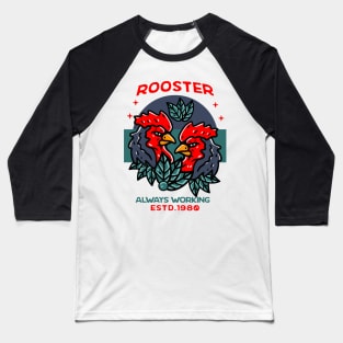 Double Rooster Illustration Hand Drawn Baseball T-Shirt